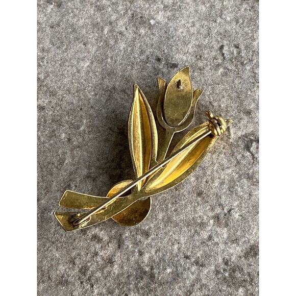 Tulip Brooch Damascene Vintage Faux Pearl Gold Tone Estate - Picture 5 of 6